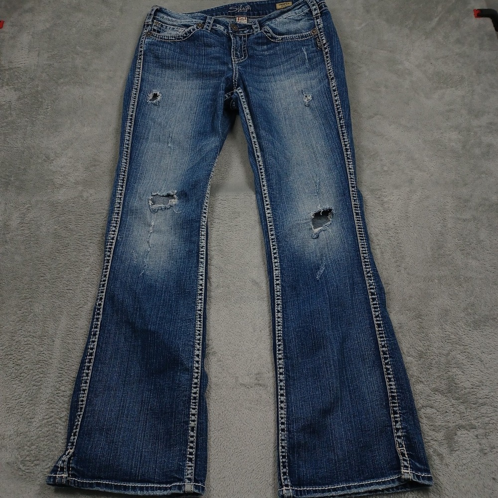 Silver Jeans Womens 14 Blue Denim Twisted Bootcut Casual Distressed Modern
